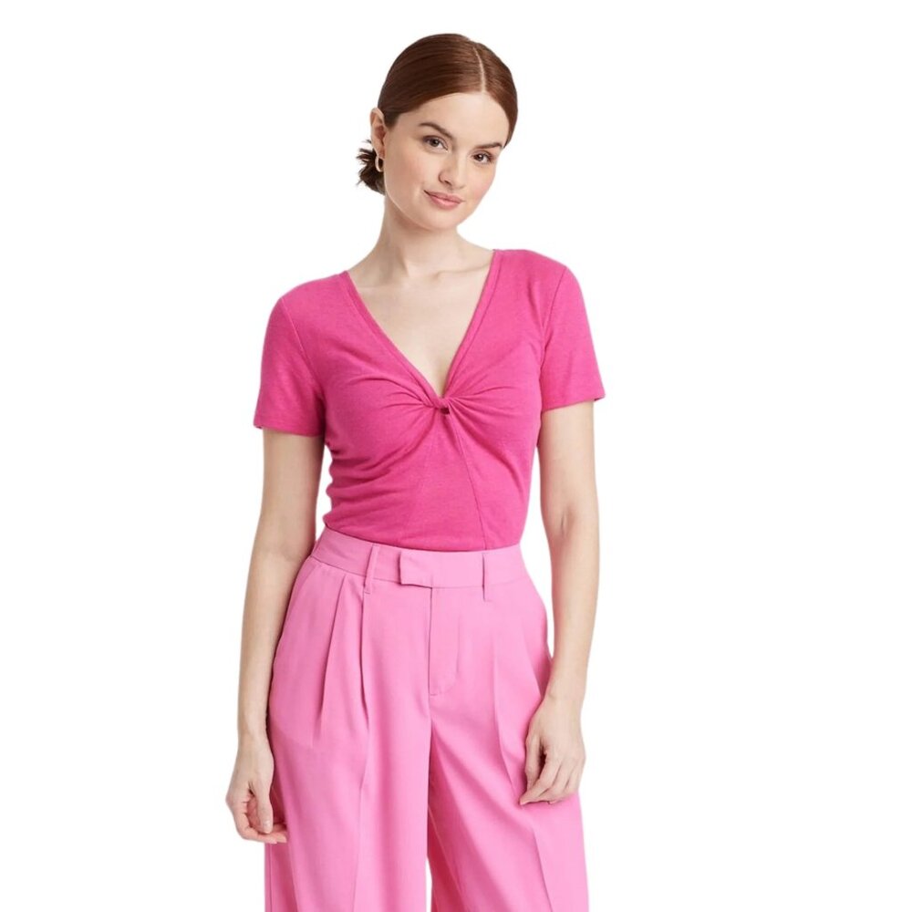 NWT A New Day Pink V-Neck Short Sleeve Twist Front Tee Size Medium